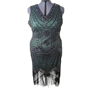 BABEYOND Flapper V Neck Fringed Cocktail Dress Green & Black 4X (Fits 2X-3X)
